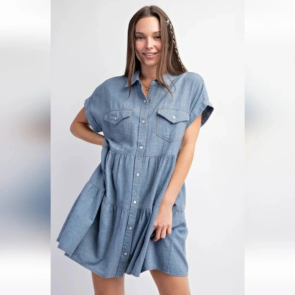 New! Easel Button Down Tiered Denim Shirt Dress - Picture 5 of 5